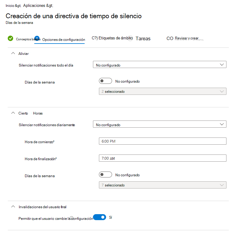 Captura de pantalla de la Microsoft Intune tiempo de espera: configuración de la directiva de días de la semana