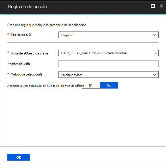 Captura de pantalla del panel Regla de detección: la clave del Registro existe.