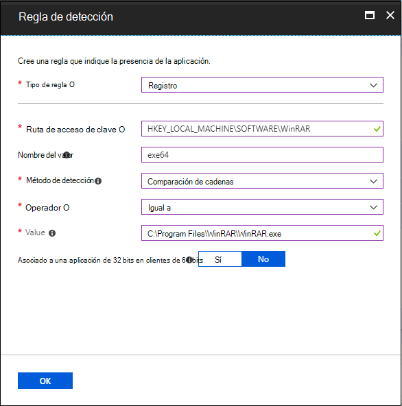 Captura de pantalla del panel Regla de detección: la cadena del valor del Registro es igual.