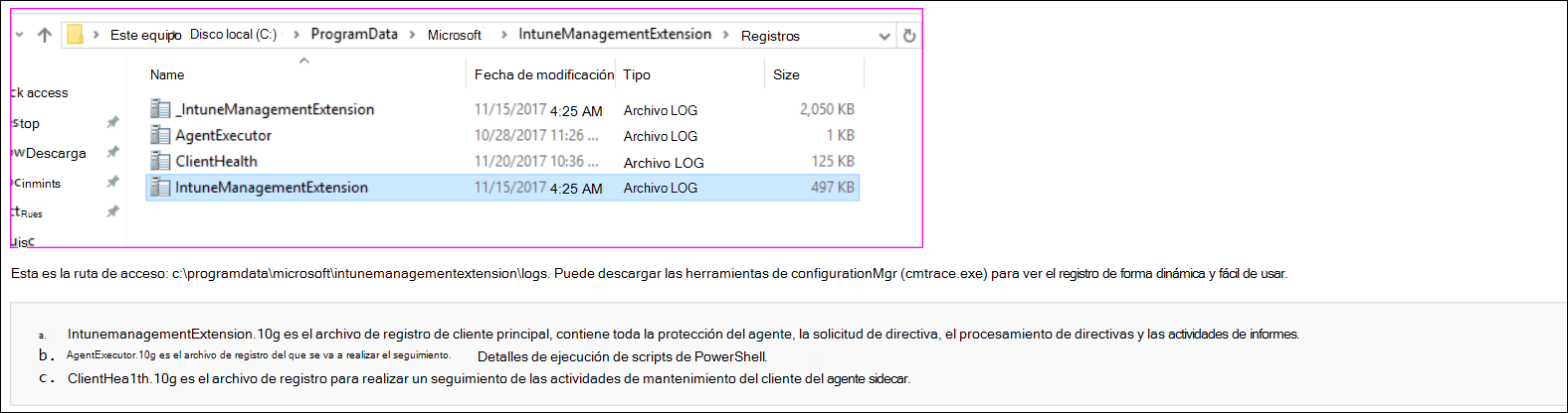 Captura de pantalla o registros de agente de CMTrace de muestra en Microsoft Intune