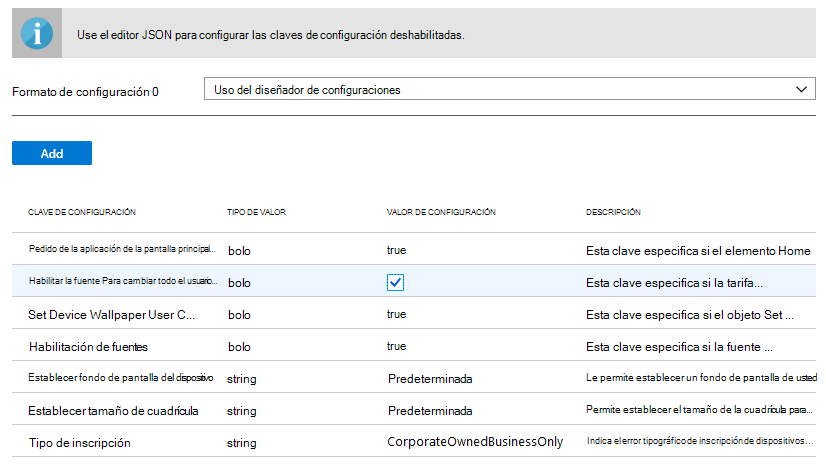 Formato de configuración: escriba datos JSON.