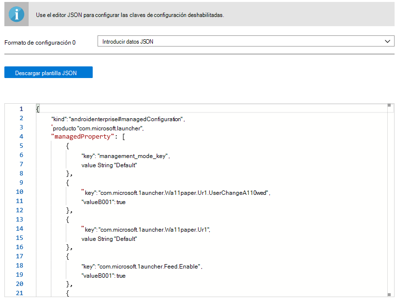 Designer de configuración: datos JSON