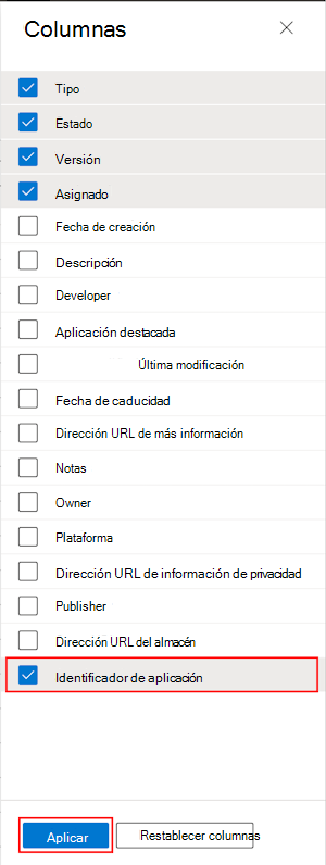 Captura de pantalla que muestra cómo seleccionar la columna Id. de lote de aplicaciones en Todas las aplicaciones de Microsoft Intune y el Centro de administración de Intune.