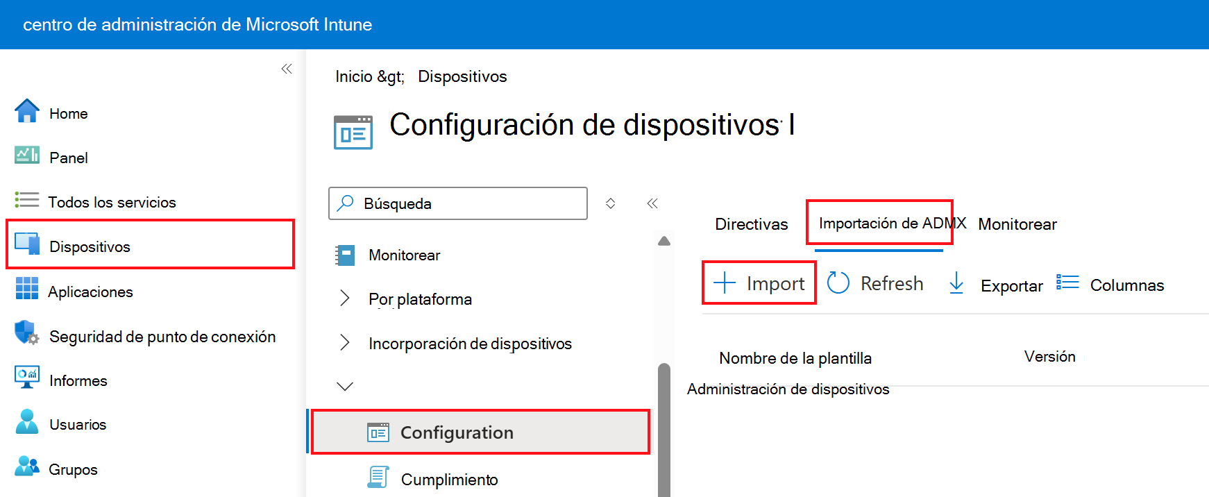 Captura de pantalla que muestra cómo agregar o importar ADMX y ADML personalizados. Vaya a Dispositivos Perfiles >> de configuración Importar ADMX en el centro de administración de Microsoft Intune.