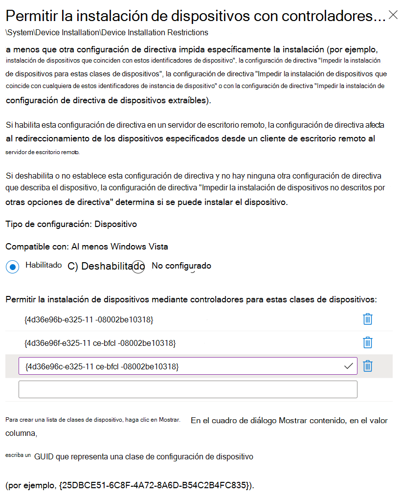 Captura de pantalla que muestra cómo usar Microsoft Intune para establecer la opción Permitir la instalación de dispositivos mediante controladores que coincidan con estas clases de configuración de dispositivo con los GUID de clase.