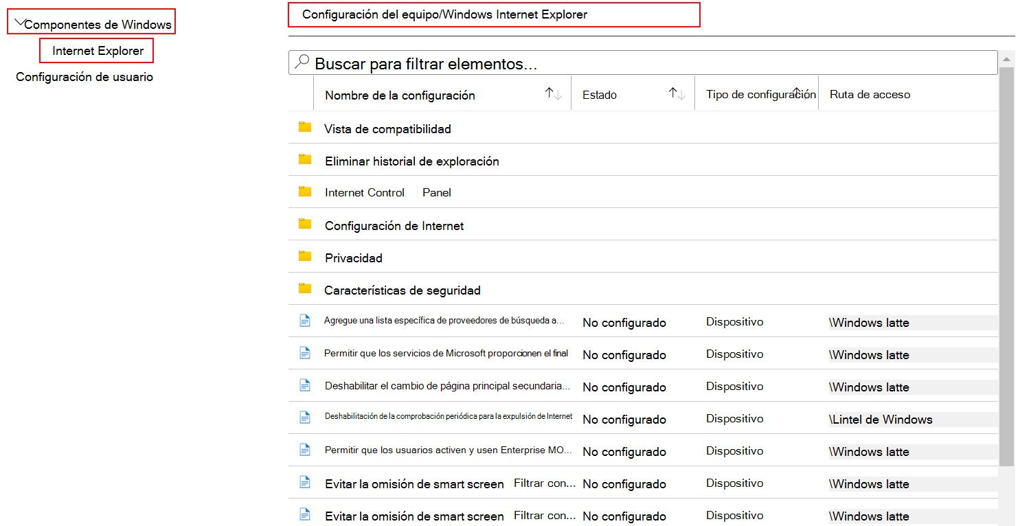 Vea toda la configuración del dispositivo que se aplica a Internet Explorer en Microsoft Intune y el centro de administración de Intune