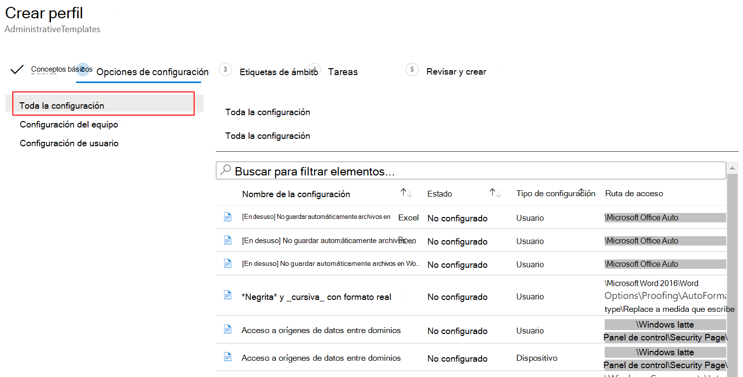 Captura de pantalla que muestra cómo seleccionar Toda la configuración mediante la directiva de plantilla ADMX en Microsoft Intune.