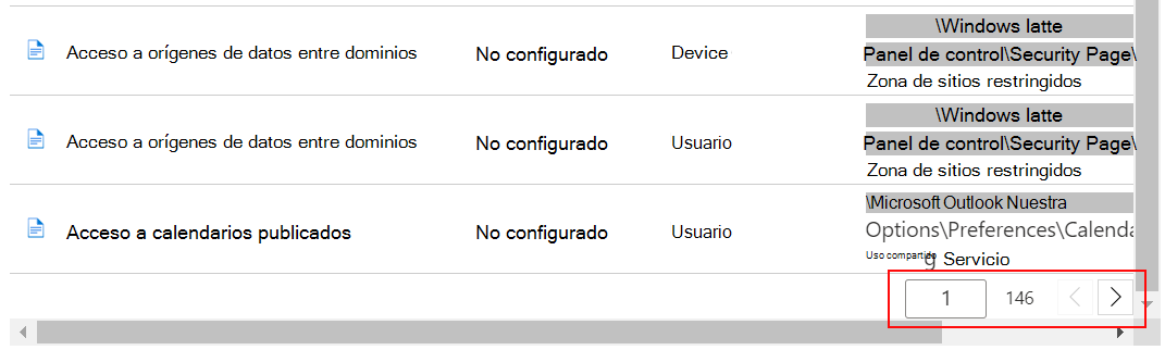 Vea una lista de ejemplo de la configuración y use los botones anterior y siguiente en Intune centro de administración y Microsoft Intune.