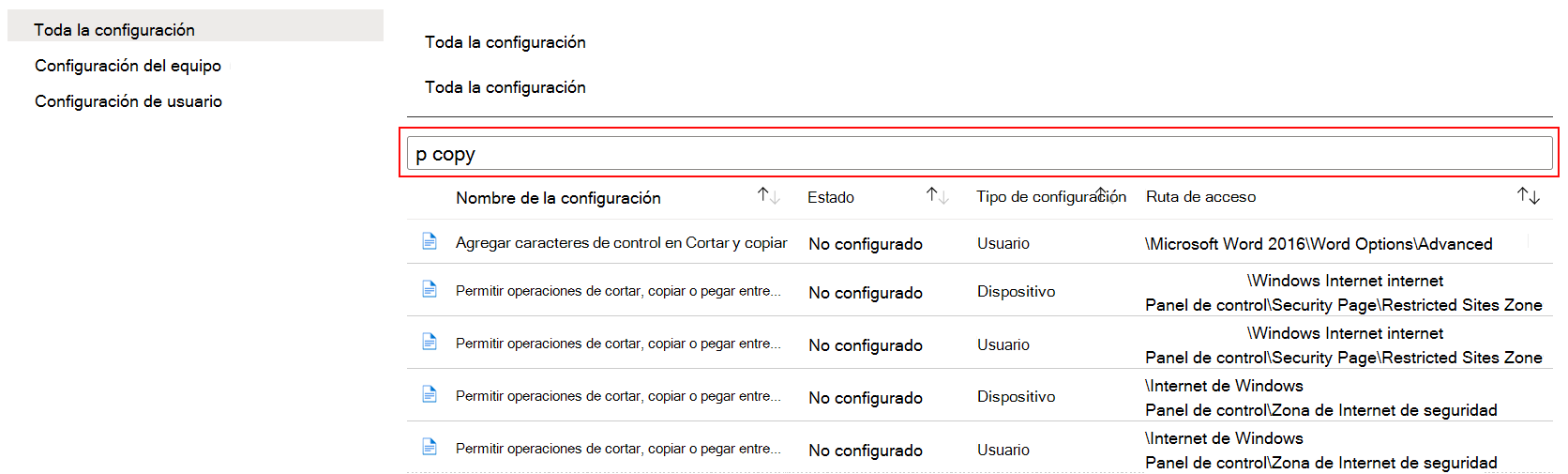 Busque una copia para mostrar toda la configuración del dispositivo en las plantillas administrativas de Microsoft Intune y el centro de administración de Intune.