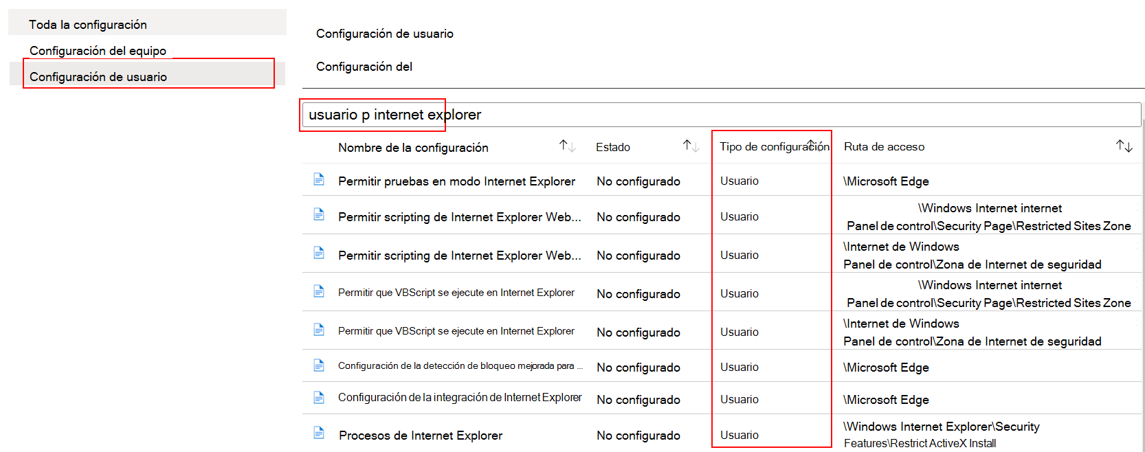 En la plantilla ADMX, seleccione configuración de usuario y busque Internet Explorer en Microsoft Intune.