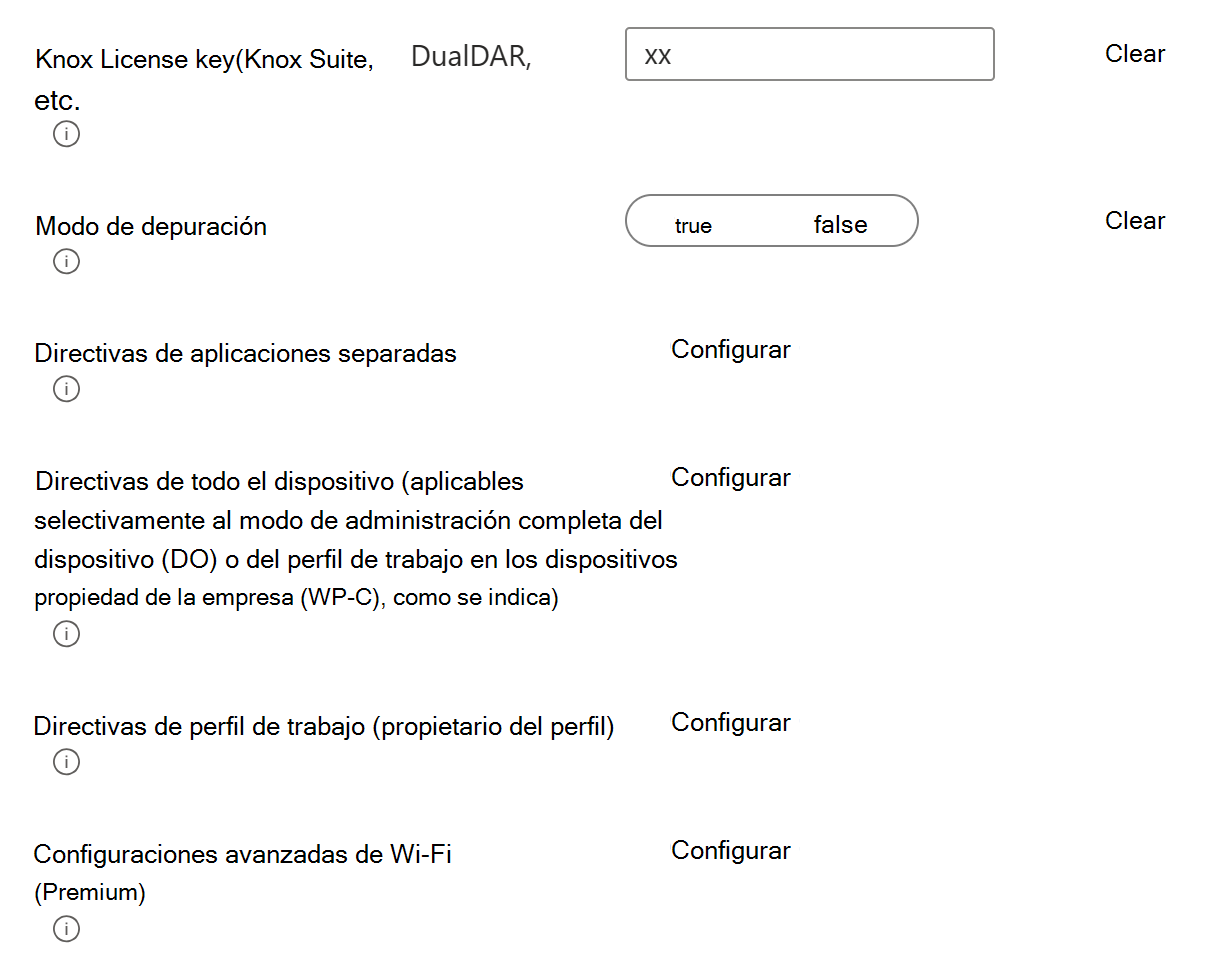 Captura de pantalla que muestra un perfil de configuración de dispositivo OEMConfig de ejemplo con grupos principales o agrupaciones que se pueden configurar en Microsoft Intune.