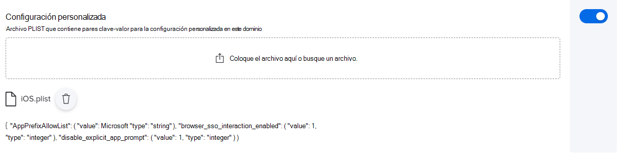 Captura de pantalla que muestra una configuración personalizada de ejemplo con un archivo PLIST para Jamf Pro.