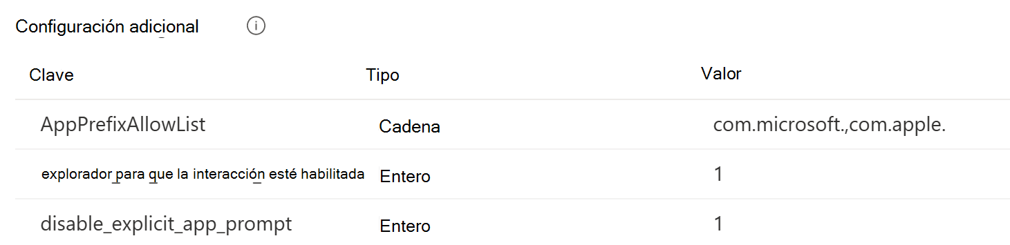 Captura de pantalla que muestra las opciones de configuración de la experiencia del usuario final para el complemento sso empresarial en dispositivos iOS/iPadOS en Intune.