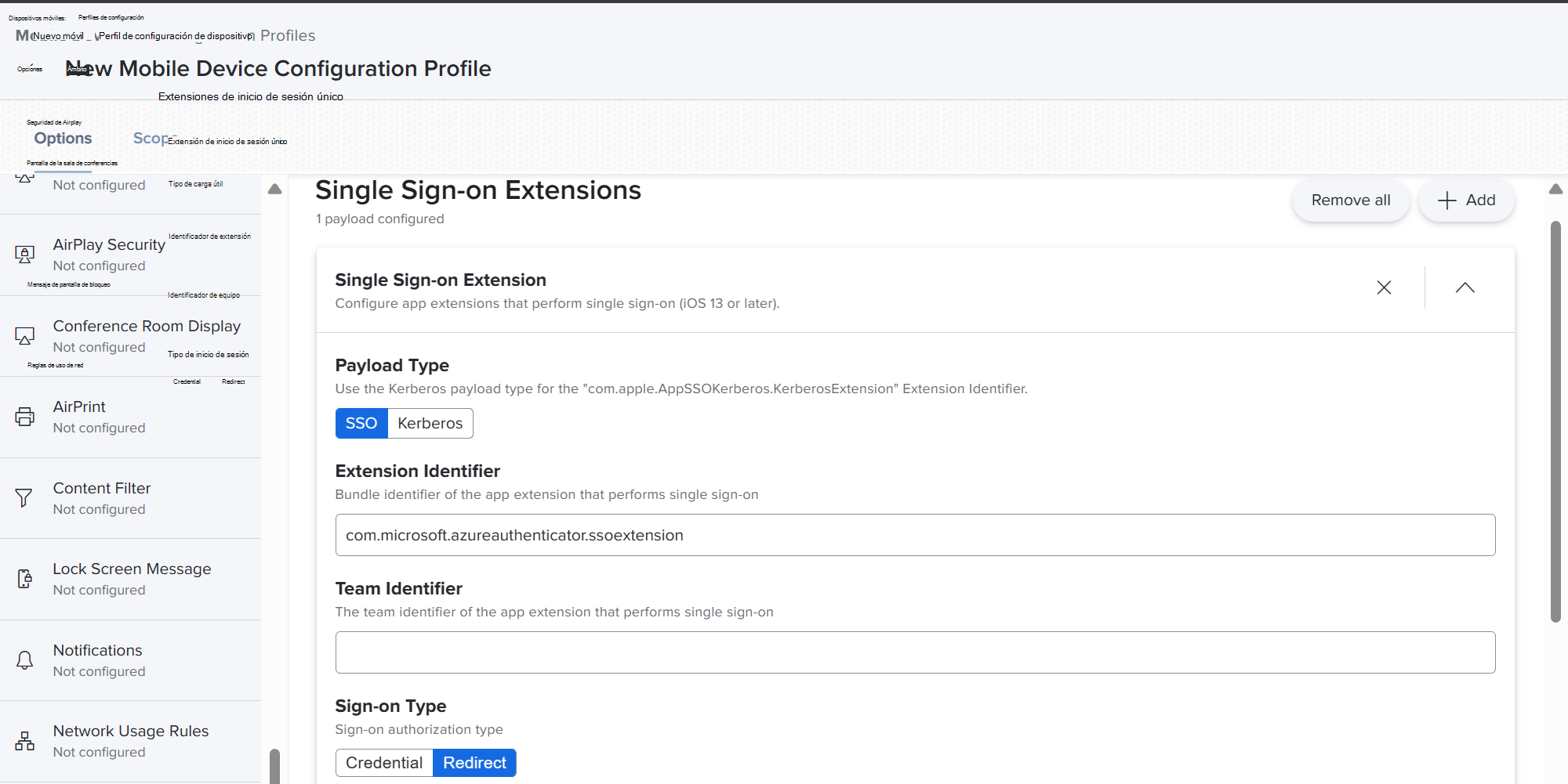 Captura de pantalla que muestra el portal de Jamf Pro y el tipo de carga útil, el identificador de extensión, el identificador de equipo y la configuración del tipo de SSO para dispositivos iOS/iPadOS.