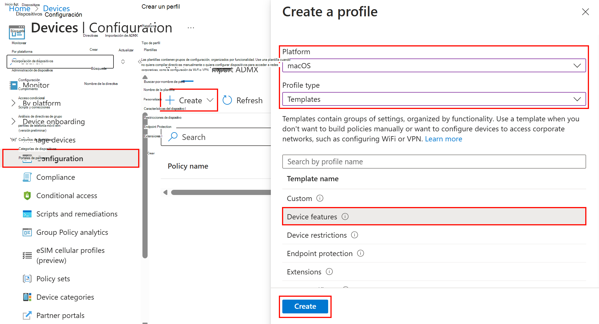 Captura de pantalla que muestra cómo crear un perfil de configuración de características de dispositivo para macOS en Intune.