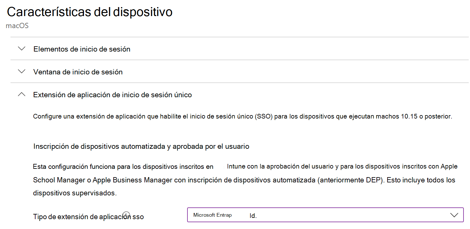 Captura de pantalla que muestra el tipo de extensión de aplicación sso y Microsoft Entra ID para macOS en Intune