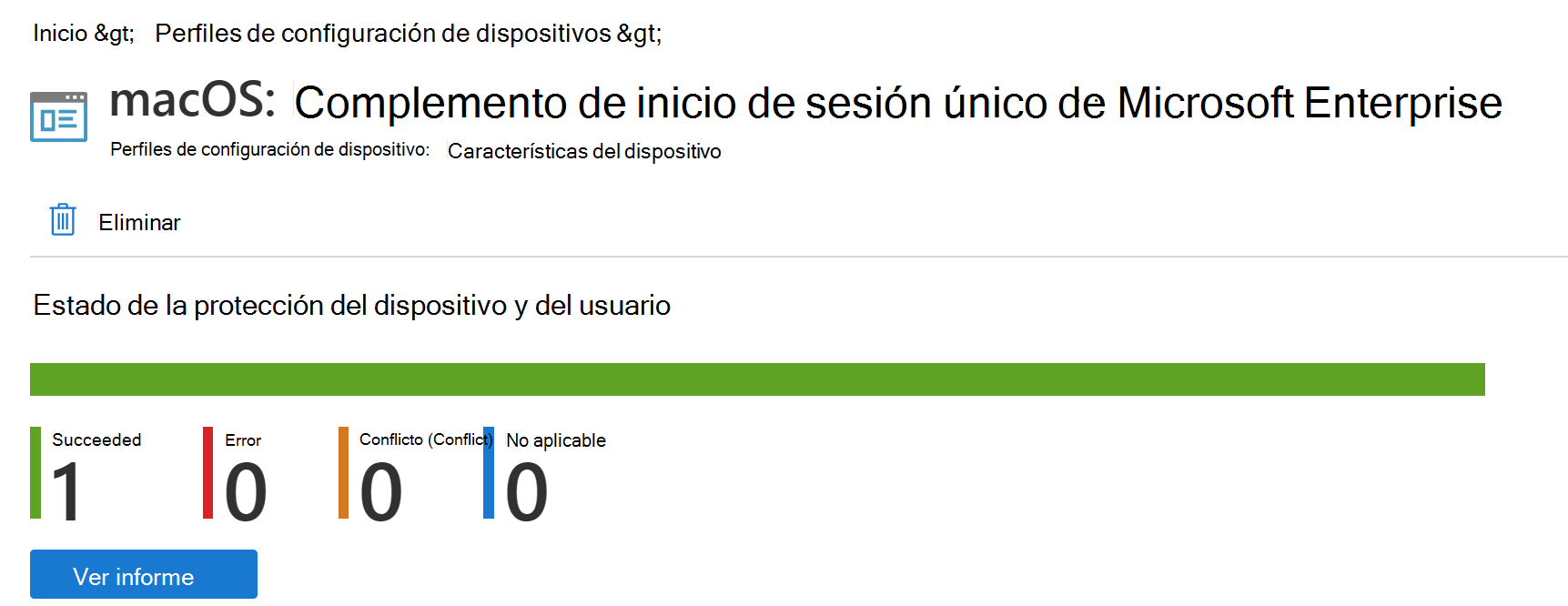 Captura de pantalla que muestra el informe de implementación del perfil de configuración del dispositivo macOS en Microsoft Intune.