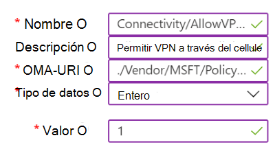 Captura de pantalla que muestra un ejemplo de una directiva personalizada que contiene la configuración de VPN en Microsoft Intune.