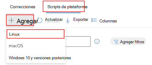 Captura de pantalla que muestra cómo seleccionar dispositivos, scripts, agregar y seleccionar Linux en la lista desplegable para agregar un script de Bash personalizado en Microsoft Intune.