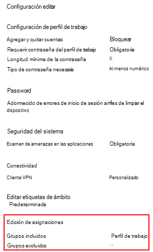 Recorte de pantalla que muestra cómo seleccionar asignaciones para implementar el perfil en usuarios y grupos de Microsoft Intune.