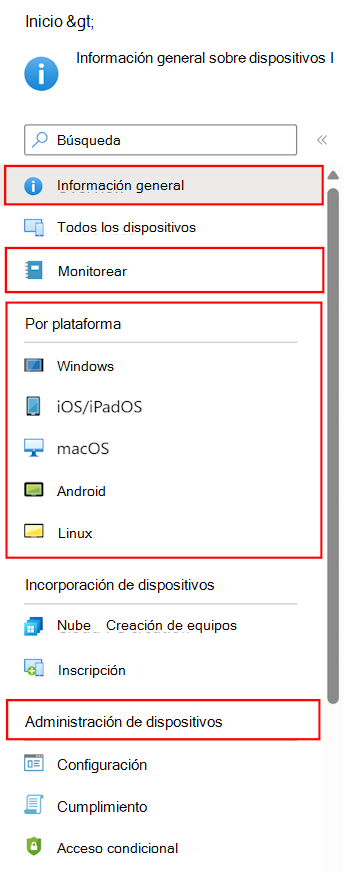 Captura de pantalla que muestra cómo seleccionar Dispositivos para ver lo que puede configurar y administrar en Microsoft Intune.