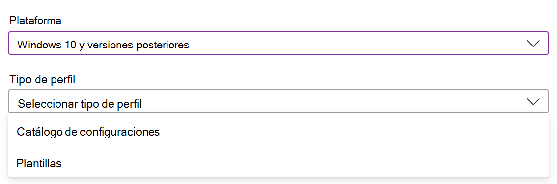 Captura de pantalla que muestra cómo crear una directiva y un perfil de configuración de dispositivos Windows en Microsoft Intune.