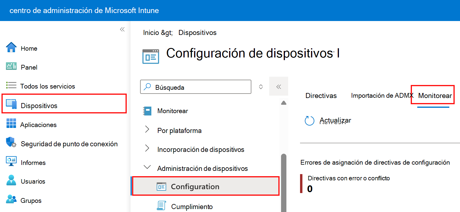 Recorte de pantalla que muestra cómo seleccionar la pestaña de supervisión en los perfiles de configuración de dispositivos en Microsoft Intune y el Centro de administración de Intune.