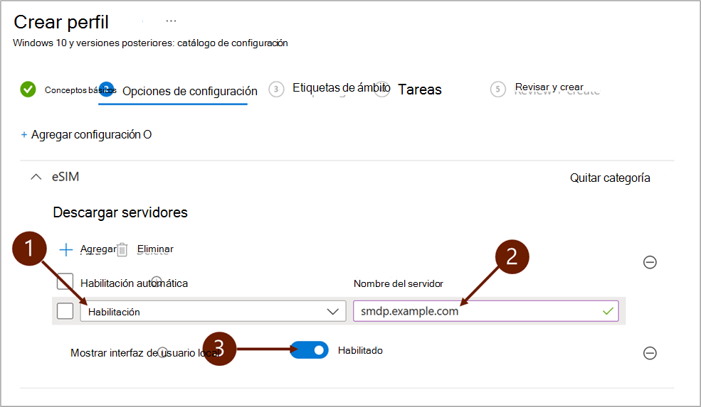 Captura de pantalla que muestra los valores de configuración al agregar un servidor de descarga de eSIM en Microsoft Intune.