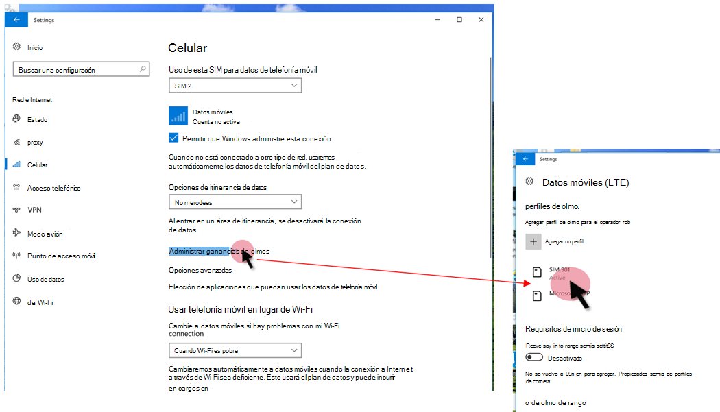 Ver los perfiles de eSIM en la configuración del dispositivo.