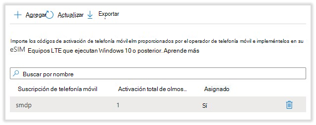 El grupo de suscripciones de telefonía móvil se denomina con el nombre del archivo .csv de código de activación de ejemplo.