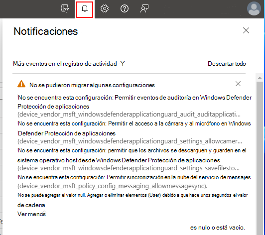 Captura de pantalla que muestra notificaciones con información adicional cuando se crea la directiva en Microsoft Intune.