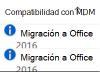 Captura de pantalla que muestra la configuración anterior de Office que no se admite y sugiere migrar a una versión compatible en Microsoft Intune.