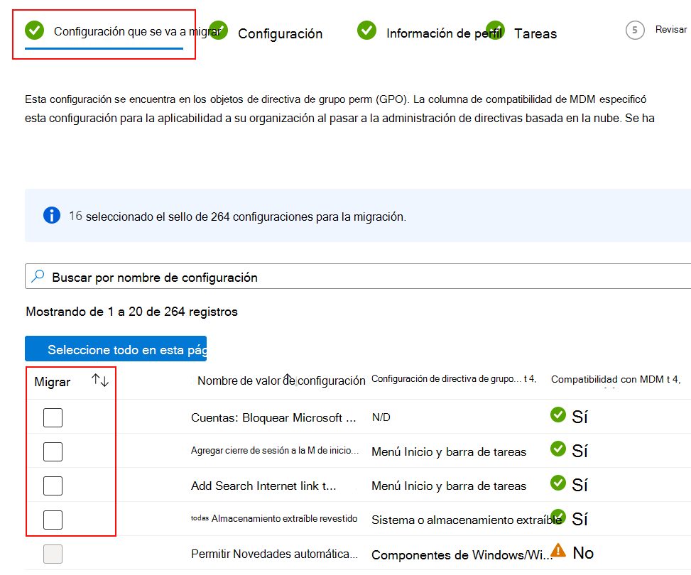 Captura de pantalla que muestra la configuración que se va a migrar y cómo seleccionar la casilla Migrar en Microsoft Intune.