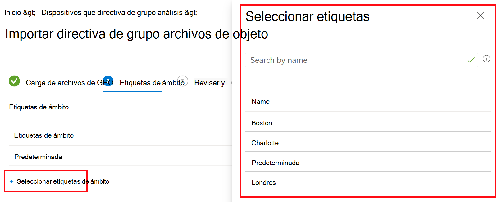 Captura de pantalla que muestra cómo importar un objeto de directiva de grupo (GPO) y seleccionar una etiqueta de ámbito en Microsoft Intune y Intune centro de administración.