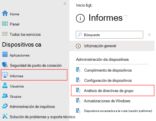 Captura de pantalla que muestra cómo revisar el informe y la salida de los GPO importados mediante directiva de grupo análisis en Microsoft Intune y Intune centro de administración.