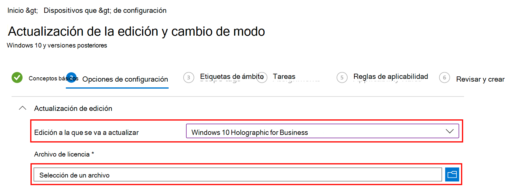 En Intune, escriba el nombre de archivo XML que incluye la información de licencia de Holographic for Business.