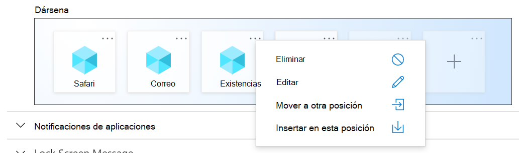 Configuración de acoplamiento de diseño de pantalla principal de iOS/iPadOS de ejemplo en Microsoft Intune