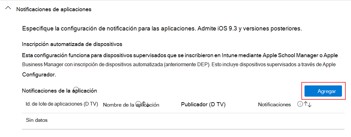 Agregar notificación de aplicación en el perfil de configuración de características de dispositivo iOS/iPadOS en Microsoft Intune