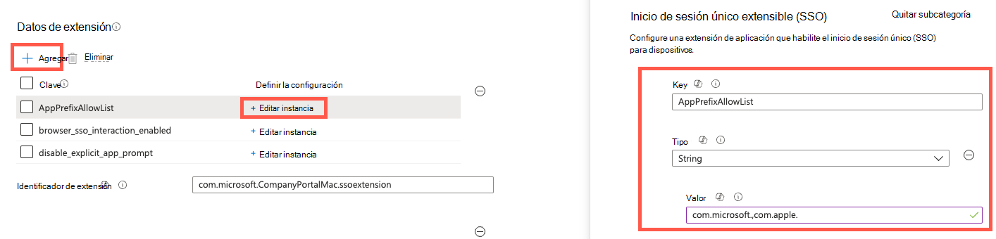 Captura de pantalla que muestra cómo configurar la configuración de datos de extensión, como AppPrefixAllowList.