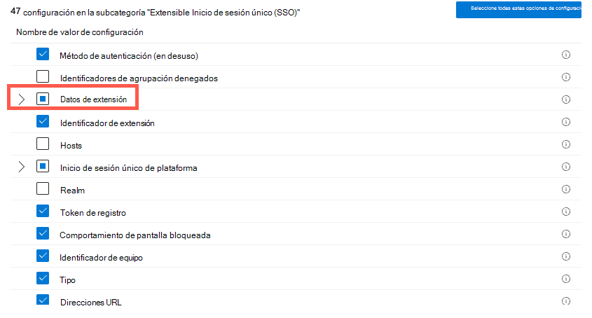 Captura de pantalla que muestra el selector configuración del catálogo de configuración y seleccionando autenticación y datos de extensión en Microsoft Intune.