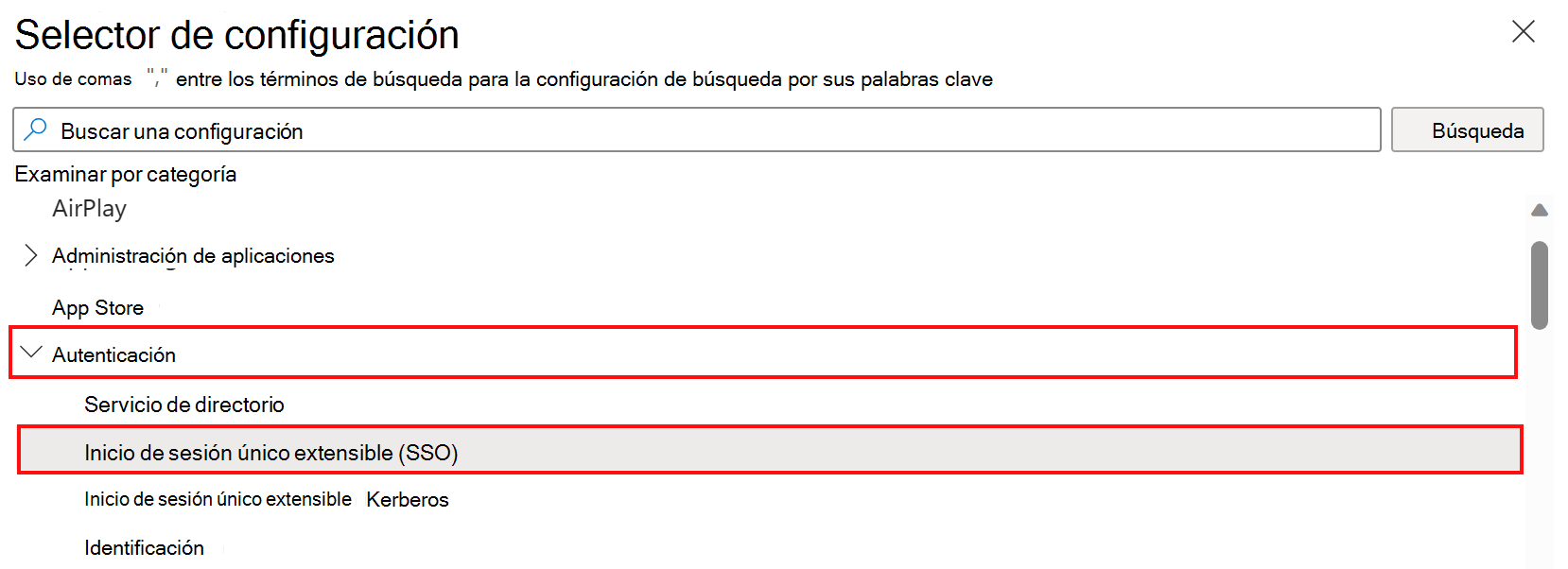 Captura de pantalla que muestra el selector de configuración del catálogo de configuración y la selección de la categoría autenticación y sso extensible en Microsoft Intune.