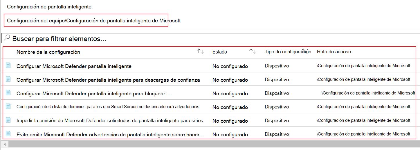 Captura de pantalla que muestra cómo ver la configuración de directiva de SmartScreen de Microsoft Edge en plantillas ADMX en Microsoft Intune.