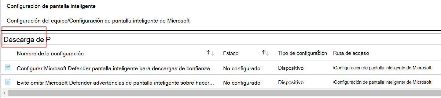 Captura de pantalla que muestra cómo filtrar la configuración de directiva de SmartScreen de Microsoft Edge en una plantilla Microsoft Intune ADMX.