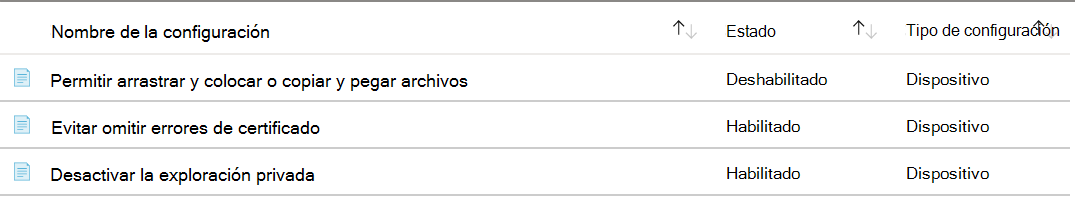 Captura de pantalla que muestra que la configuración de ADMX configurada se muestra en la parte superior de Microsoft Intune.