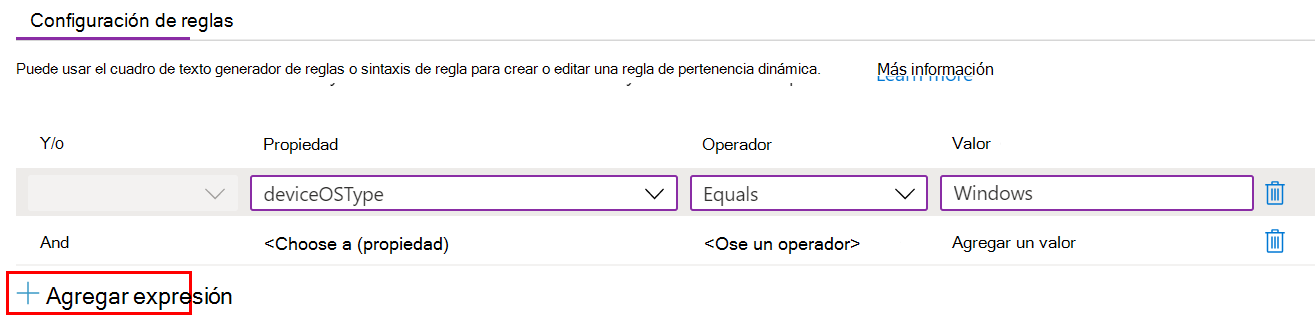 Captura de pantalla que muestra cómo crear una consulta dinámica y agregar expresiones en una plantilla administrativa de Microsoft Intune.