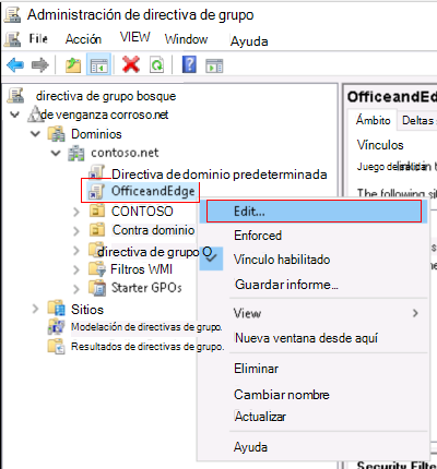 Captura de pantalla que muestra cómo hacer clic con el botón derecho en la directiva de grupo ADMX de Office y Microsoft Edge local y seleccionar Editar.