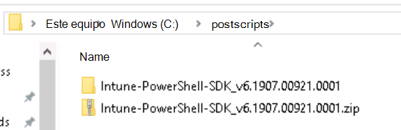 Captura de pantalla que muestra la estructura de carpetas del SDK de PowerShell Intune después de extraerla.