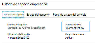 Captura de pantalla que muestra cómo establecer la entidad de MDM en Microsoft Intune en el estado del inquilino.