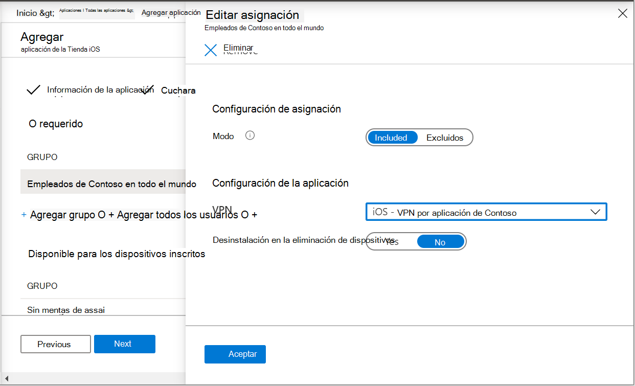 Dos capturas de pantalla que muestran la asignación de una aplicación al perfil de VPN por aplicación en Microsoft Intune y Intune centro de administración.