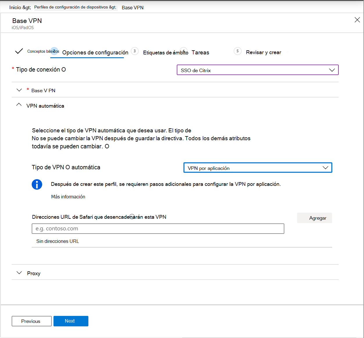 Captura de pantalla que muestra la VPN automática establecida en VPN por aplicación en dispositivos iOS/iPadOS en Microsoft Intune.